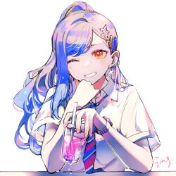 Rule 34 | 1girl, blue hair, blue necktie, blush, collared shirt, commentary, cup, drink, drinking glass, drinking straw, earrings, hair ornament, hairclip, highres, holding, holding cup, jewelry, jingzhaowhale, long hair, looking at viewer, necktie, one eye closed, orange eyes, parted bangs, pink necktie, ponytail, project sekai, shiraishi an, shirt, short sleeves, sidelocks, signature, simple background, smile, solo, star (symbol), star earrings, star hair ornament, striped necktie, swept bangs, symbol-only commentary, teeth, upper body, watch, white background, white shirt, wristwatch