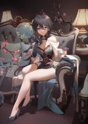 Rule 34 | 1girl, absurdres, bare legs, bare shoulders, black hair, blue dress, breasts, chinese clothes, cleavage, commentary request, couch, covered navel, dress, grey eyes, high heels, highres, holding, honkai: star rail, honkai (series), lamp, medium breasts, ruan mei (honkai: star rail), short sleeves, sitting, solo, thighs, woodylixx