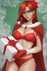 Rule 34 | 1girl, bikini, body markings, breasts, cape, christmas, cleavage, dota (series), dota 2, ear piercing, earrings, flower, gift, gloves, green eyes, hair flower, hair ornament, highres, jewelry, large breasts, legs apart, lips, looking at viewer, navel, parted bangs, piercing, red gloves, red hair, santa bikini, santa costume, santa gloves, sciamano240, smile, solo, swimsuit, tattoo, thighs, windranger (dota)