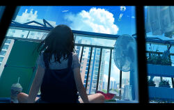 Rule 34 | 1girl, aircraft, airplane, arm support, balcony, blue sky, brown hair, building, city, cloud, contrail, electric fan, facing away, food, from behind, fruit, ice cream, leaning back, long hair, original, outdoors, pitcher (container), planter, railing, refrigerator, shirt, short sleeves, shorts, sky, sliding doors, solo, spread legs, suspenders, umbrella, watermelon, watermelon slice, white shirt, wind, wind chime, xingyue ling