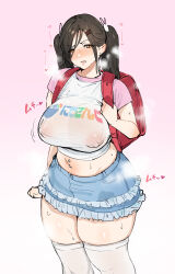 Rule 34 | 1girl, absurdres, backpack, bag, blush, breasts, brown hair, covered erect nipples, embarrassed, highres, i kitsugi, large breasts, long hair, looking at viewer, mature female, midriff, navel piercing, nijisanji, nipples, open mouth, piercing, randoseru, school bag, see-through, shirayuki tomoe, skirt, solo, sweat, thick thighs, thighhighs, thighs, twintails, undersized clothes, virtual youtuber