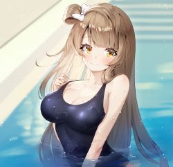 Rule 34 | 1girl, ankkoyom, bad id, bad pixiv id, breasts, brown eyes, brown hair, cleavage, clothes pull, hair ribbon, highres, large breasts, long hair, looking at viewer, love live!, love live! school idol project, minami kotori, one-piece swimsuit, one-piece swimsuit pull, one side up, partially submerged, pool, ribbon, school swimsuit, smile, solo, swimsuit, wet