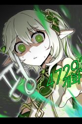 Rule 34 | 1girl, bare shoulders, cizzi, cross-shaped pupils, dress, genshin impact, green eyes, green hair, hair ornament, highres, korean text, letterboxed, long hair, looking at viewer, multicolored hair, nahida (genshin impact), parted lips, pointy ears, shaded face, side ponytail, sleeveless, sleeveless dress, solo, streaked hair, sweat, symbol-shaped pupils, translation request, white dress, white hair