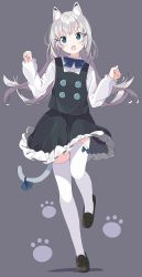 Rule 34 | 1girl, :o, animal ears, black footwear, black skirt, black vest, blue bow, blush, bow, cat ears, cat girl, cat tail, collared shirt, commentary request, dress shirt, floating hair, frilled skirt, frills, full body, green eyes, grey background, hair ornament, hairclip, hands up, highres, loafers, long hair, looking at viewer, open mouth, original, shadow, shirt, shoes, silver hair, skirt, solo, standing, standing on one leg, tail, tail bow, tail ornament, tantan men (dragon), thighhighs, very long hair, vest, white shirt, white thighhighs, x hair ornament