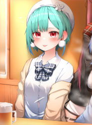 Rule 34 | 3girls, absurdres, alcohol, beer, beer mug, beret, blue hair, blush, bow, bowtie, brown cardigan, cardigan, cup, earrings, gradient hair, green hair, hat, highres, hololive, houshou marine, indoors, jewelry, looking at viewer, mug, multicolored hair, multiple girls, off shoulder, official alternate costume, pepushi drow, pom pom (clothes), pom pom earrings, red eyes, shirt, short hair, sitting, smile, solo focus, table, tongue, tongue out, uruha rushia, uruha rushia (school uniform), usada pekora, virtual youtuber, white headwear, white shirt