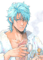 Rule 34 | 1boy, artist name, bathrobe, bleach, blue eyeliner, blue eyes, blue hair, collarbone, commentary, cup, doughnut, english commentary, eyeliner, facial mark, food, furrowed brow, grimmjow jaegerjaquez, hair between eyes, half-closed eyes, highres, holding, holding cup, holding food, looking at viewer, makeup, male focus, messy hair, open clothes, open robe, parted lips, pon de ring, robe, scar, scar on chest, sideburn004, steam, upper body, white background, white bathrobe