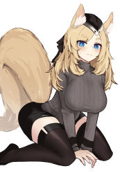 Rule 34 | 1girl, absurdres, animal ears, arknights, black bow, black hat, black shorts, black sweater, black thighhighs, blonde hair, blue eyes, blush, bow, breasts, hair bow, hat, highres, horse ears, horse girl, horse tail, kitorakito, kneeling, large breasts, long hair, long sleeves, looking at viewer, ribbed sweater, short eyebrows, shorts, simple background, solo, sweatdrop, sweater, tail, thick eyebrows, thighhighs, whislash (arknights), white background