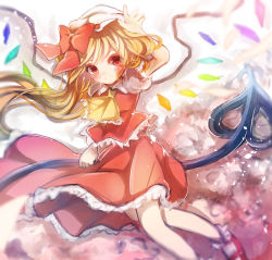 Rule 34 | 1girl, arm up, ascot, asymmetrical hair, blurry, blush, crystal, flandre scarlet, gradient background, hat, hat ribbon, highres, laevatein, looking at viewer, mary janes, mob cap, negimapurinn, puffy sleeves, red eyes, ribbon, shirt, shoes, short sleeves, side ponytail, skirt, skirt set, smile, socks, solo, touhou, vest, white socks, wings