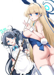 Rule 34 | 2girls, 96nokimihito, absurdly long hair, absurdres, animal ears, apron, aqua ribbon, aris (blue archive), aris (maid) (blue archive), ass, black dress, black hair, black wristband, blonde hair, blue archive, blue eyes, blue halo, blue leotard, blush, bow, bowtie, breasts, detached collar, dress, earpiece, fake animal ears, frilled apron, frills, halo, highres, holding, holding mop, leotard, long hair, looking at viewer, maid, maid apron, maid headdress, medium breasts, mop, multiple girls, official alternate costume, open mouth, playboy bunny, puffy short sleeves, puffy sleeves, rabbit ears, ribbon, short sleeves, smile, thighhighs, thighs, toki (blue archive), toki (bunny) (blue archive), v, very long hair, white apron, white thighhighs, wrist cuffs