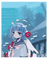 Rule 34 | 1girl, :|, anemone (flower), arms at sides, blue eyes, blue hair, blue sailor collar, border, building, closed mouth, expressionless, fish, flower, halo, highres, jitome, long bangs, looking at viewer, medium hair, neckerchief, original, outdoors, pink neckerchief, railing, red flower, sailor collar, school uniform, shirt, short sleeves, sidelocks, solo, sparkle, sskitaco, tree, utility pole, white border, white shirt