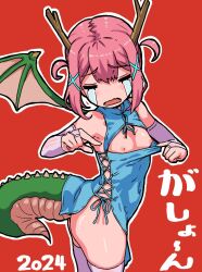 Rule 34 | 1girl, 2024, badluck2033, blue dress, bridal gauntlets, china dress, chinese clothes, chinese zodiac, commentary request, crying, dragon girl, dragon horns, dragon tail, dragon wings, dress, elbow gloves, flat chest, gloves, hair ornament, horns, nipples, original, pink hair, red background, simple background, solo, streaming tears, tail, tears, thighhighs, white thighhighs, wings, x hair ornament, year of the dragon