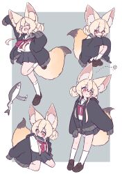 Rule 34 | 1girl, :3, absurdres, animal ear fluff, animal ears, black jacket, blonde hair, closed mouth, collared shirt, commentary request, double bun, fish, fox ears, fox girl, fox tail, hair between eyes, hair bun, highres, hood, hooded jacket, jacket, japanese clothes, large ears, long sleeves, medium hair, megateru, open clothes, open jacket, open mouth, original, pleated skirt, sailor collar, school uniform, serafuku, shirt, simple background, skirt, sleeves past fingers, sleeves past wrists, smile, socks, squatting, tail, x x