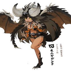 Rule 34 | 1girl, absurdres, belt, between breasts, black hair, black shirt, black shorts, breasts, chest harness, cleavage, cutoffs, dragon girl, facial scar, fang, full body, gloves, grey hair, hair between eyes, harness, highres, horns, japari symbol, kemono friends, long hair, medium breasts, monster girl, monster hunter (series), multicolored hair, navel, nergigante, orange shirt, original, personification, running, scar, scar on cheek, scar on face, shirt, short shorts, shorts, simple background, slit pupils, solo, spawnfoxy, spikes, standing, standing on one leg, stomach, studded belt, tail, tan, translation request, two-tone shirt, white background, wings, yellow eyes