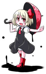 Rule 34 | 1girl, :d, blonde hair, darkness, dripping, fang, full body, hair ribbon, kugelschreiber, necktie, open mouth, outstretched arm, puffy short sleeves, puffy sleeves, red eyes, ribbon, rumia, short hair, short sleeves, simple background, skirt, smile, solo, touhou, umbrella, vest, white background, wing collar