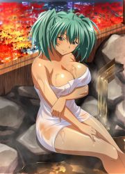 Rule 34 | 00s, 1girl, autumn leaves, bare shoulders, blush, breasts, building, cleavage, female focus, green eyes, green hair, ikkitousen, ikkitousen great guardians, large breasts, leaf, looking at viewer, maple leaf, matching hair/eyes, naked towel, official art, onsen, ryofu housen, see-through, sitting, smile, solo, towel, twintails, wet
