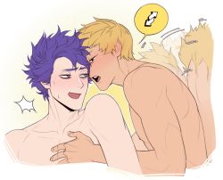 Rule 34 | 2boys, blonde hair, blush, boku no hero academia, border, completely nude, from side, looking at another, male focus, multiple boys, nude, ojiro mashirao, purple hair, riffraffhellyea, shinsou hitoshi, short hair, speech bubble, sweat, tail, tail wagging, teeth, upper teeth only, white border, yaoi