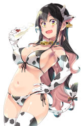 Rule 34 | 1girl, alternate costume, animal ears, animal print, bare shoulders, bell, bikini, black hair, blush, breasts, cleavage, collar, collarbone, commentary request, cow ears, cow print, cow print bikini, cowboy shot, ear tag, elbow gloves, fang, gloves, halterneck, highres, horns, imu sanjo, kantai collection, large breasts, long hair, looking at viewer, multicolored hair, naganami (kancolle), navel, open mouth, pink hair, print bikini, side-tie bikini bottom, solo, standing, string bikini, swimsuit, tail, thighhighs, two-tone hair, very long hair, white background, yellow eyes