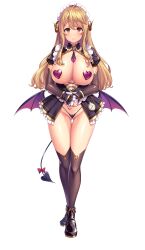 Rule 34 | 1girl, blonde hair, blush, boku ga incubus ni naru tame ni kyou kara succubus to lesson shimasu, breasts, breasts out, charlotte (boku ga incubus ni naru tame ni kyou kara succubus to lesson shimasu), closed mouth, demon horns, demon tail, demon wings, elbow gloves, eyebrows hidden by hair, feet, female focus, frills, full body, game cg, gloves, gluteal fold, groin, highres, horns, large breasts, legs, long hair, looking at viewer, maid, maid headdress, orange eyes, original, own hands together, pasties, puffy short sleeves, puffy sleeves, revealing clothes, shiokonbu, shoes, short sleeves, simple background, smile, solo, standing, tachi-e, tail, thigh gap, thighhighs, thighs, thong, transparent background, wings