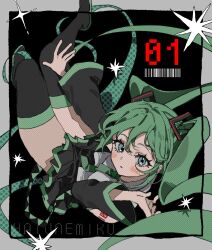 Rule 34 | 1girl, alternate color, alternate hair color, aqua eyes, arm tattoo, barcode, black footwear, blush, boots, character name, detached sleeves, from above, green eyes, green hair, green necktie, hatsune miku, highres, inu totemo, long hair, looking at viewer, looking up, necktie, number tattoo, pixelated, pleated skirt, skirt, solo, tattoo, thigh boots, thighhighs, twintails, very long hair, vocaloid, wide sleeves, zettai ryouiki