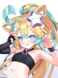 Rule 34 | 1girl, amakawa hano, animal ears, aqua hair, armpits, bettle (b s a n), black wristband, blonde hair, blue eyes, cat ears, claw pose, elbow gloves, fingerless gloves, flat chest, gloves, hair ornament, highres, long hair, looking at viewer, multicolored hair, navel, open mouth, re:act, shooting star (symbol), single glove, smile, solo, star (symbol), star hair ornament, two-tone hair, upper body, virtual youtuber, white background