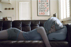 Rule 34 | 1girl, bare arms, bare shoulders, breasts, closed eyes, couch, door, drawing (object), eyelashes, grey hair, highres, indoors, lips, lying, mawa setiawan, midriff peek, nose, on couch, on stomach, open mouth, original, photo background, pillow, pink lips, shirt, short hair, short shorts, shorts, sleeping, sleeveless, sleeveless shirt, small breasts, solo, teeth, television, white shirt, window, window blinds