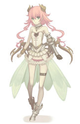 Rule 34 | 1girl, armor, arms at sides, asymmetrical clothes, bad id, bad pixiv id, bare shoulders, boots, bracelet, detached collar, female focus, full body, gauntlets, gloves, green eyes, horns, jewelry, legs, long hair, necklace, original, pink hair, pointy ears, simple background, single glove, skirt, solo, terumii, thigh strap, white background