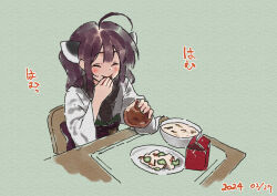 Rule 34 | 1girl, ^ ^, ahoge, blush, brown hair, chair, closed eyes, closed mouth, dated, eating, food, food request, green background, headgear, holding, holding food, japanese clothes, kimono, lamb (hitsujiniku), long sleeves, obi, on chair, sash, simple background, sitting, smile, solo, table, touhoku kiritan, translation request, twintails, upper body, voiceroid, white kimono, wide sleeves