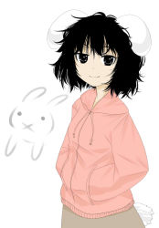 Rule 34 | 1girl, adapted costume, alternate costume, animal ears, black hair, bob cut, casual, contemporary, face, female focus, hands in pockets, inaba tewi, kuro oolong, messy hair, rabbit, rabbit ears, rabbit girl, rabbit tail, short hair, simple background, smile, solo, tail, tomboy, touhou, white background