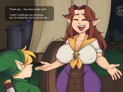 Rule 34 | 1boy, 1girl, agal1502, blonde hair, breasts, brown hair, closed eyes, clothes, cremia, english text, huge breasts, link, looking at viewer, nintendo, open mouth, pointy ears, size difference, smile, speech bubble, the legend of zelda, the legend of zelda: majora&#039;s mask, thought bubble