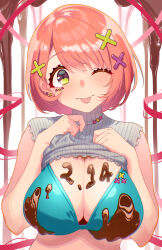 Rule 34 | 1girl, absurdres, blue bra, bra, breasts, chocolate, chocolate on body, chocolate on breasts, cleavage, closed mouth, clothes lift, food on body, green eyes, grey sweater, hair ornament, hands on own chest, hands up, highres, large breasts, one eye closed, orange hair, original, pink ribbon, ribbon, short hair, sleeveless, sleeveless sweater, solo, sweater, sweater lift, tonegawa ribu, tongue, tongue out, turtleneck, turtleneck sweater, underwear, upper body, x hair ornament