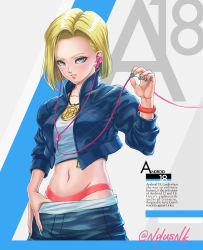 Rule 34 | 1girl, android 18, artist name, blonde hair, blue eyes, blue jacket, bracelet, character name, clothes pull, commentary request, cropped jacket, dragon ball, earphones, earrings, english text, eyelashes, green nails, holding, jacket, jewelry, looking at viewer, nail polish, naomi (nplusn), navel, necklace, panties, parted lips, pink lips, pulled by self, short hair, skirt, skirt pull, solo, underwear, watermark