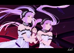 Rule 34 | 2girls, bare shoulders, black ribbon, breasts, choker, cleavage, collared shirt, detached sleeves, dress, euryale (fate), fate/grand order, fate (series), floating hair, frilled choker, frills, grin, hairband, hal (haaaalhal), highres, holding hands, letterboxed, lolita hairband, medium breasts, multiple bracelets, multiple girls, pink eyes, pink hair, ribbon, ribbon-trimmed choker, shirt, signature, small breasts, smile, stheno (fate), twintails, white choker, white dress