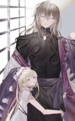 Rule 34 | 1boy, 1girl, age difference, bishounen, black choker, black nails, black robe, blonde hair, brooch, choker, couple, dress, grey hair, hair between eyes, hand on another&#039;s head, hetero, highres, hug, indoors, jewelry, light rays, long hair, looking at another, msa (fary white), open mouth, original, purple eyes, red pupils, robe, short sleeves, slit pupils, smile, very long hair, white dress, white eyes, window