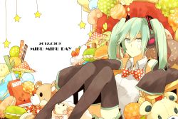 Rule 34 | 1girl, 39, bad id, bad pixiv id, book, boots, bow, bowtie, character name, dated, detached sleeves, doughnut, food, food on face, green eyes, green hair, hatsune miku, macaron, matching hair/eyes, mushroom, sitting, skirt, sleeves past wrists, solo, star (symbol), stuffed animal, stuffed toy, sweets, teddy bear, thigh boots, thighhighs, twintails, vocaloid, waltz (tram)