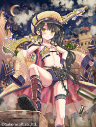 Rule 34 | 1girl, ammunition belt, armpits, bandeau, bare arms, belt, black hair, blue shorts, boots, bullet, coat, coat on shoulders, crescent moon, finger on trigger, flat chest, gloves, gold trim, gun, hand on own hip, hand up, hat, holding, holding gun, holding weapon, knee boots, long hair, long sleeves, looking at viewer, midriff, military hat, moon, navel, night, no bra, official art, peaked cap, revealing clothes, rifle, short shorts, shorts, side ponytail, sleeveless, solo, standing, stomach, teikoku senki, thigh strap, thighs, very long hair, watermark, weapon, white gloves, yellow coat, yellow eyes, yellow hat, yuuki rika
