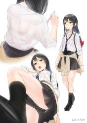 Rule 34 | 10s, 1girl, 2016, ama mitsuki, ass, back, bag, black bra, black hair, black legwear, black panties, black skirt, blush, bra, brown eyes, clothes around waist, commentary request, dated, from below, full body, hair ornament, hairclip, kantai collection, loafers, long hair, looking at viewer, multiple views, necktie, open mouth, oyashio (kancolle), panties, pantyshot, pen, pleated skirt, school bag, school uniform, see-through, shirt, shoes, simple background, skirt, sleeves rolled up, socks, standing, striped necktie, striped neckwear, sweater, sweater around waist, underwear, white background, white shirt