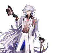 Rule 34 | artist request, black gloves, boutonniere, cane, coat, fate/grand order, fate (series), gloves, hat, head tilt, horse head, boutonniere, long hair, male focus, merlin (fate), necktie, official art, one eye closed, smile, solo, top hat, transparent background, very long hair, vest, white hair, yellow eyes