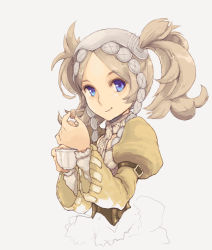 Rule 34 | 1girl, blonde hair, blue eyes, cup, eating, fire emblem, fire emblem awakening, headpiece, lissa (fire emblem), looking at viewer, nabrinko, nintendo, short twintails, simple background, smile, solo, teacup, twintails, upper body, white background