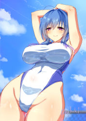 Rule 34 | 1girl, ahoge, armpits, arms up, azur lane, bare arms, bare shoulders, blue hair, blue sky, blush, breasts, closed mouth, cloud, competition swimsuit, covered navel, cowboy shot, day, from below, groin, hair intakes, hands on own head, highleg, highleg swimsuit, highres, impossible clothes, impossible swimsuit, large breasts, looking at viewer, looking down, one-piece swimsuit, outdoors, purple eyes, saezu habaki, short hair with long locks, sidelocks, skin tight, sky, smile, solo, st. louis (azur lane), swimsuit, thigh gap, twitter username, white one-piece swimsuit