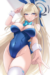 Rule 34 | 1girl, :o, absurdres, akatsuki (aktk511), animal ears, blonde hair, blue archive, blue eyes, bow, bowtie, breasts, cameltoe, covered navel, detached collar, double v, ear piercing, fake animal ears, groin, halo, hand up, highres, large breasts, leotard, long hair, official alternate costume, official alternate hairstyle, parted lips, piercing, playboy bunny, rabbit ears, solo, thighhighs, thighs, toki (blue archive), toki (bunny) (blue archive), v, very long hair, white thighhighs, wrist cuffs