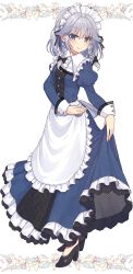Rule 34 | 1girl, absurdres, adapted costume, apron, beni kurage, black bow, black footwear, black ribbon, blue dress, blue eyes, blush, bow, braid, commentary request, dress, flower, frilled apron, frilled shirt collar, frills, full body, hair between eyes, hair bow, hair ribbon, high heels, highres, izayoi sakuya, juliet sleeves, lily (flower), lolita fashion, long sleeves, looking at viewer, maid, maid apron, maid headdress, puffy sleeves, ribbon, short hair, silver hair, simple background, skirt hold, smile, solo, standing, touhou, twin braids, waist apron, white apron, white background