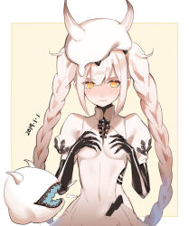 1girl, :t, abyssal nimbus princess, abyssal ship, bangs, black gloves, blush, braid, breasts, brown background, claw (weapon), closed mouth, covered navel, dated, dress, elbow gloves, eyebrows visible through hair, fake horns, gloves, hair between eyes, hands up, horned headwear, horns, kantai collection, long hair, nose blush, orange eyes, pouch, puffy short sleeves, puffy sleeves, rero (bigdoorbig2), short sleeves, small breasts, twin braids, twintails, two-tone background, upper body, v-shaped eyebrows, very long hair, weapon, white background, white dress, white hair, white headwear