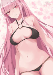 Rule 34 | 1girl, absurdres, bare shoulders, bikini, black bikini, blunt bangs, blush, breasts, cleavage, clenched teeth, collarbone, highres, hololive, hololive english, kana616, large breasts, long hair, looking at viewer, mori calliope, navel, o-ring, pink hair, red eyes, swimsuit, teeth, thighs, very long hair, virtual youtuber