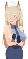 Rule 34 | 1girl, absurdres, animal ear fluff, animal ears, blonde hair, blue archive, blue eyes, blue necktie, blue shirt, blue skirt, blush, breasts, commentary request, forbidden404, halo, highres, kanna (blue archive), korean commentary, large breasts, long hair, looking to the side, necktie, open mouth, shirt, sideboob, skirt, sleeveless, sleeveless shirt, solo