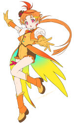 Rule 34 | 1girl, boots, breasts, brooch, coattails, cure wing, earrings, full body, genderswap, genderswap (mtf), gloves, hat, highres, hirogaru sky! precure, jewelry, kazuma muramasa, long hair, magical girl, mini hat, mini top hat, orange gloves, orange hair, outstretched arms, parted bangs, ponytail, precure, puffy sleeves, red eyes, small breasts, smile, solo, top hat, white background, wing brooch, wing hair ornament