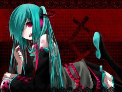 Rule 34 | aqua eyes, aqua hair, candy, cross, detached sleeves, food, hatsune miku, kintaro, long hair, necktie, red eyes, skirt, smile, solo, thighhighs, twintails, vocaloid