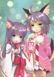 Rule 34 | 2girls, absurdres, ahoge, alternate costume, animal ears, bow, cat ears, cat girl, cat tail, commentary request, cowboy shot, flower, furry, furry female, green eyes, highres, japanese clothes, kimono, long hair, looking at viewer, multiple girls, open mouth, paw pose, pink flower, pink kimono, pom pom (clothes), purple hair, ragnarok masters, ragnarok online, red bow, short hair, smile, summoner (ragnarok online), tail, tarath, white kimono