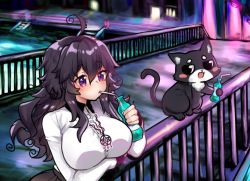 Rule 34 | 1girl, ahoge, bad id, bad twitter id, black cat, black skirt, bottle, breasts, cat, commentary request, holding, huge breasts, jewelry, long hair, messy hair, necklace, nyarla (osiimi), original, osiimi, pleated skirt, purple eyes, purple hair, railing, shirt, drinking, skirt, solo, white shirt
