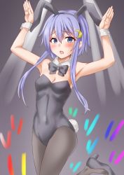Rule 34 | 1girl, animal ears, anti (untea9), black leotard, bow, bowtie, breasts, covered navel, crescent, crescent hair ornament, detached collar, fake animal ears, fake tail, gradient background, grey background, grey eyes, grey pantyhose, hair between eyes, hair ornament, highres, kantai collection, leotard, open mouth, pantyhose, playboy bunny, purple hair, purple ribbon, rabbit ears, rabbit tail, ribbon, short hair, short hair with long locks, small breasts, solo, standing, standing on one leg, strapless, strapless leotard, sweatdrop, tail, traditional bowtie, wrist cuffs, yayoi (kancolle)