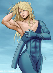 Rule 34 | 1girl, abs, alternate hairstyle, arm behind head, arm up, armpits, artist name, blue bodysuit, blue eyes, bodysuit, breasts, cleavage, cloud, collarbone, covering breasts, covering privates, cowboy shot, dated, day, eyebrows, eyes visible through hair, from side, geravass, gloves, hair between eyes, hair down, hand in own hair, highres, lips, long hair, looking at viewer, medium breasts, messy hair, metroid, metroid: other m, muscular, muscular female, nintendo, nose, off shoulder, outdoors, parted lips, pink lips, samus aran, sideboob, signature, sketch, skin tight, sky, solo, standing, swept bangs, zero suit